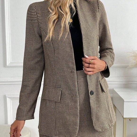 Coffee Brown Elegant Women's Vintage French V-Neck Tailored Suit Set - Picture 6 of 6